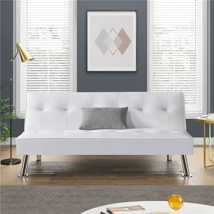 Modern Convertible Futon Sofa Bed, Pull Out Sleeper Couch for Living Room or Bedroom, White