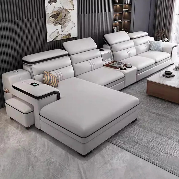 Linlamlim Leather Sectional Sofa Set with Cup Holder, USB, Adjustable Headrests & Bluetooth Speaker Living Room Couch with Stool
