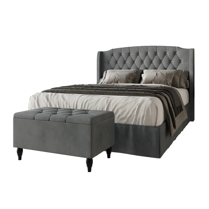 2 Piece Bedroom Set in Luxurious Velvet Wingback Panel Upholstered Bed queen size
