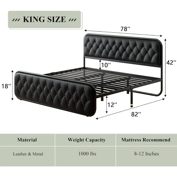 Bed frame Heavy-duty bed frame with faux leather headboard Bedroom furniture 12" under-bed storage Black platform bed