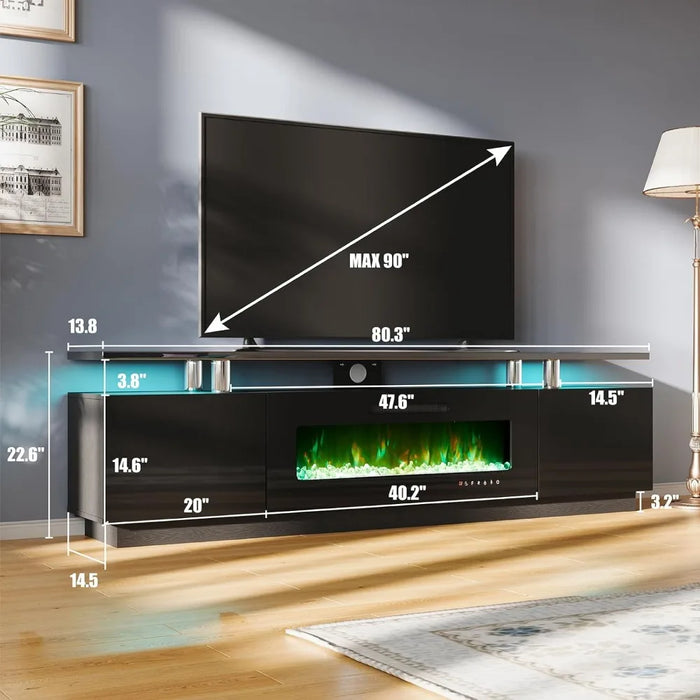 AMERLIFE 2 Tiers Fireplace TV Stand with 40" Fireplace, 80" Modern High Gloss Entertainment Center with Fireplace, LED Lights