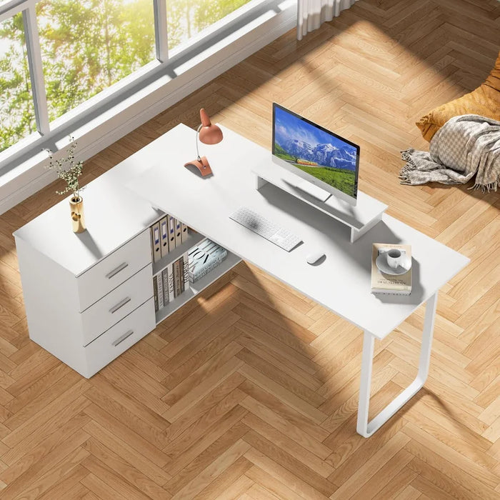 Anbuy L-Shaped Desk with Monitor Stand, Large Corner Computer Office Desk with Reversible 3 Drawers File Cabinet and Shelves