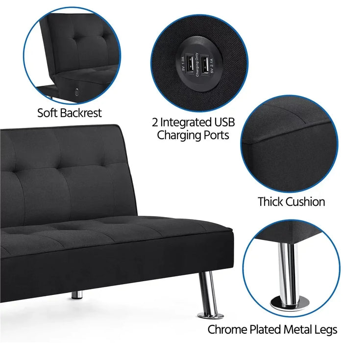 2023 New Alden Design Modern Fabric Convertible Futon with USB, Black