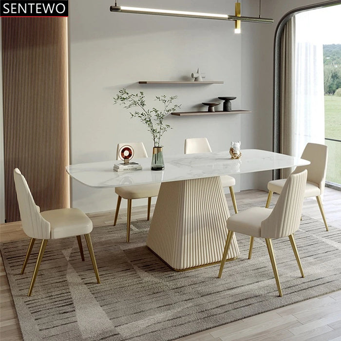 Luxury Rock Slab Dining Table 8 Dinner Chairs Set Stainless Steel Leather Base Faux Marble Table Furniture Mesa Com 6 Cadeiras