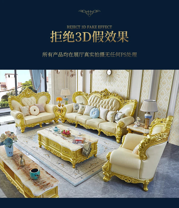 European style top layer cowhide sofa, luxurious palace, all solid wood carving and flower furniture, luxurious