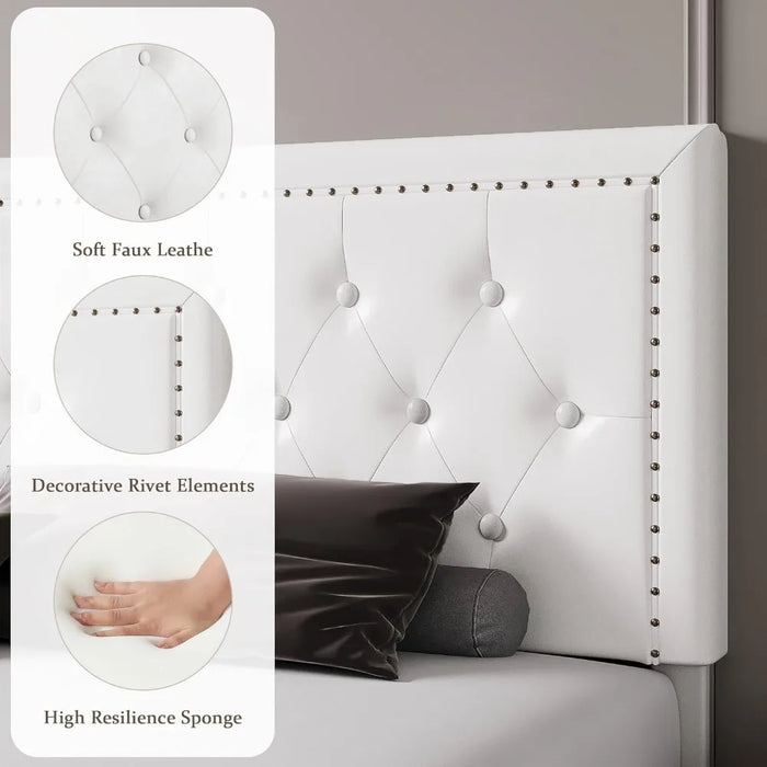 Bedroom furniture: full-size bed frame with adjustable headboard, button-tufted faux leather, upholstered, white