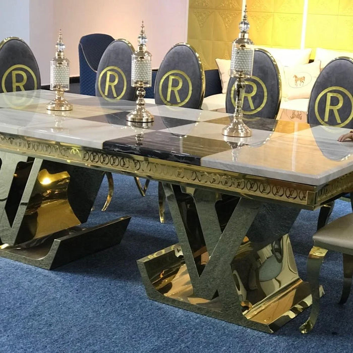 Luxury Carved Edge Rectangular Marble Dining Table Gold Brass Stainless Steel Hotel Wedding Table