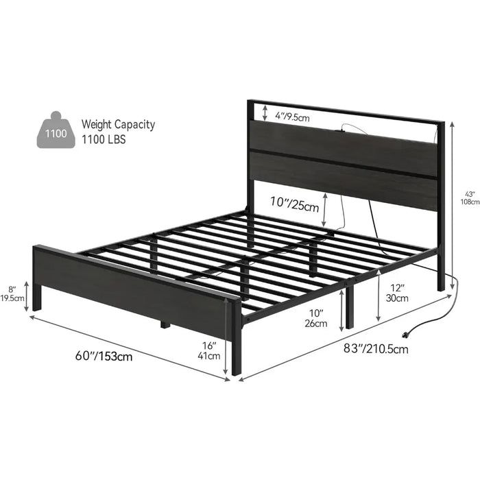 Queen size bed frame, LED with 2 USB ports, sturdy metal slats support, platform bed frame with storage gap under the bed