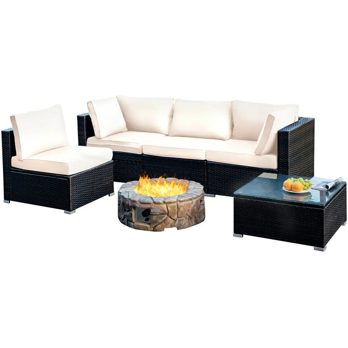 5PCS Patio Rattan Furniture Set Cushioned Sofa Chair Coffee Table HW67243