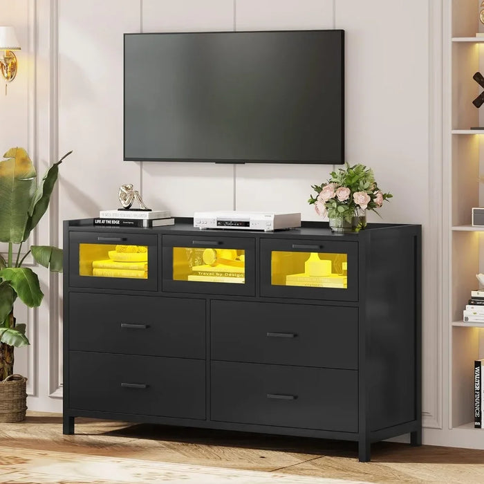 Dresser for Bedroom with 7 Drawers, Chest of Drawers with LED Lights and Metal Handles, Wide Wood Black Dresser
