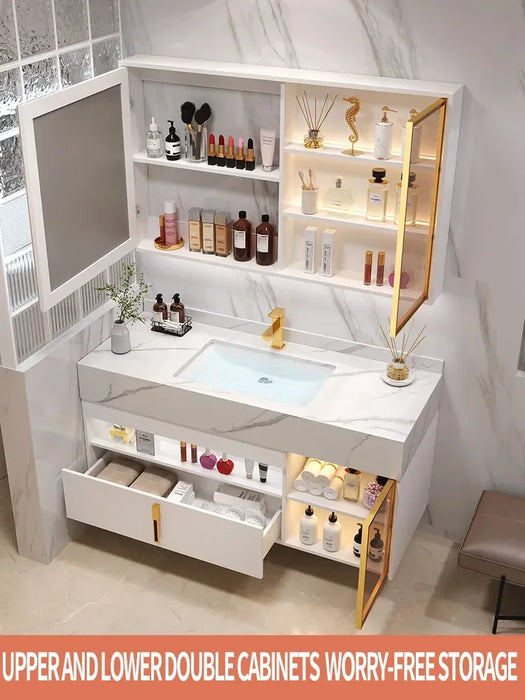 New Light Luxury Slate Bathroom Cabinet Intelligent Induction Double Washbasin Full Sets Solid Wood Furniture Custom Wash Table