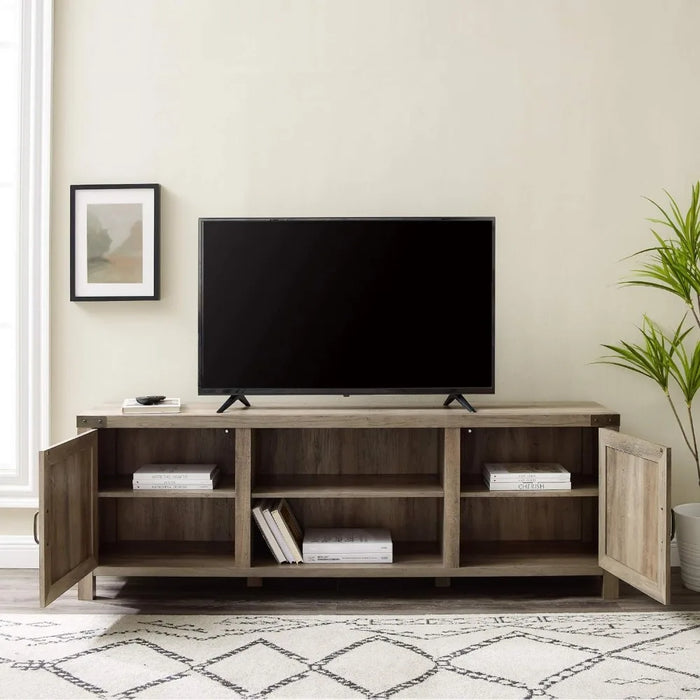 Modern double barn door TV cabinet, suitable for up to 80 inch TVs, with adjustable shelves, durable structure