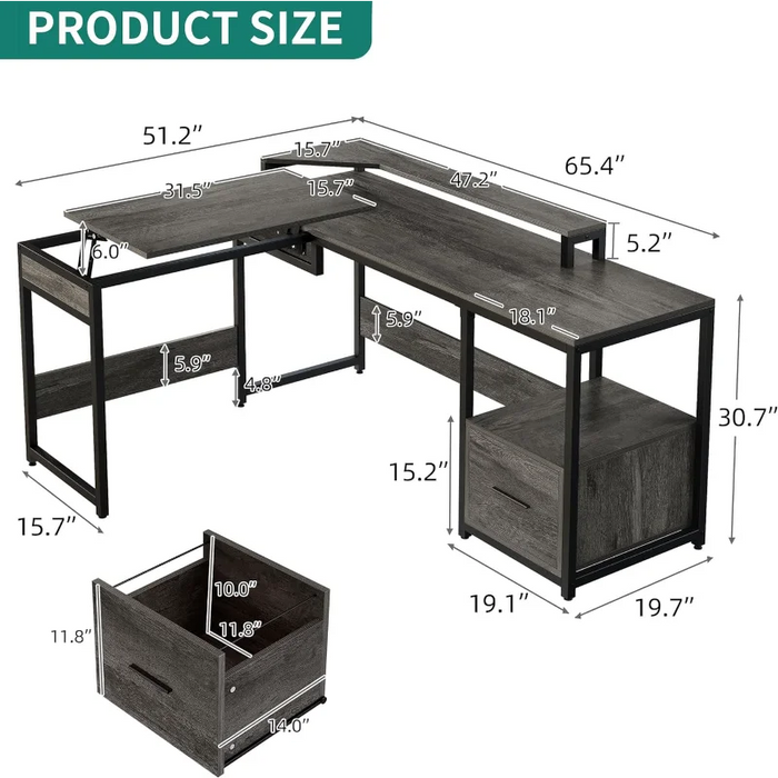 L Shaped Desk with File Drawer, 65" Large Computer Corner with Lift Top, Standing Desk Height Adjustable with