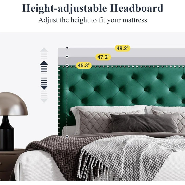 Bed, velvet padded platform bed with adjustable diamond button tufting and nail head decoration headboard, king size bed frame