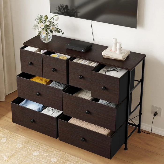 8 Drawer Dresser Faux Leather Chest of Drawers Fabric Dresser with Wooden Top Storage Organizer Unit Closets (Rustic Brown)