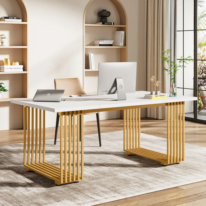 Tribesigns 70.9" Modern Office Desk, Wooden Computer Desk, White Executive Desk with Gold Metal Legs, Large Workstation for Home
