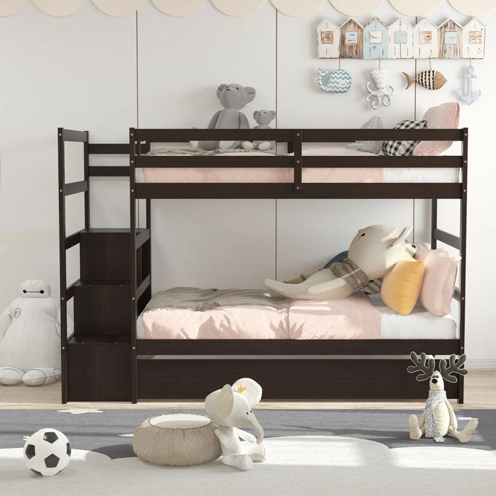 Twin Over Twin Bunk Bed with Trundle Stairway and Storage Shelf Drawer Espresso