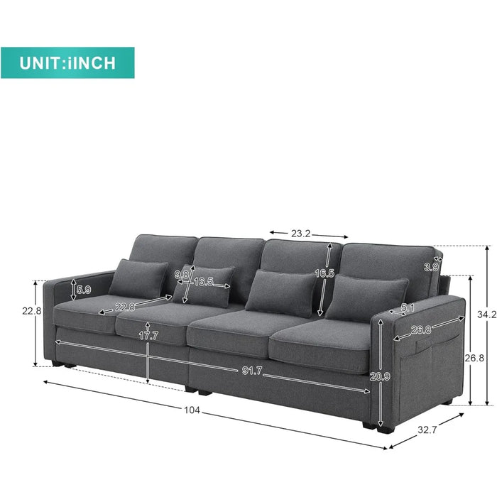 Living room sofa 104" linen sofa with armrest pockets, minimalist 4-seater sofa, dark grey