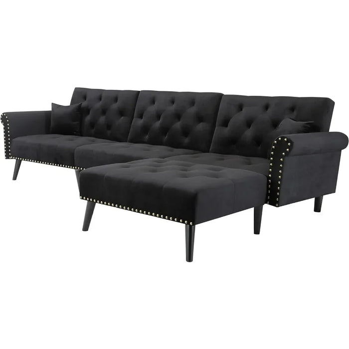 Velvet Convertible Sleeper Puffs Sofa Living Room Sofas Button Tufted Sectional Futon Sofa Bed Black Air Single Modern Furniture