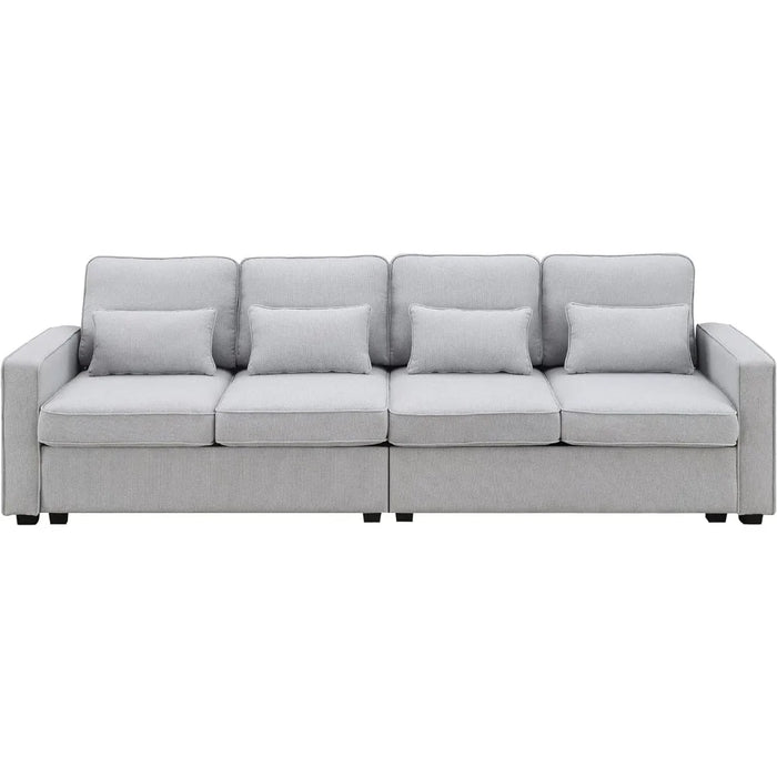 104" Linen Fabric Sofa with Armrest Pockets and 4 Pillows, Minimalist Style 4-Seater Couch for Living Room, Apartment, Gray