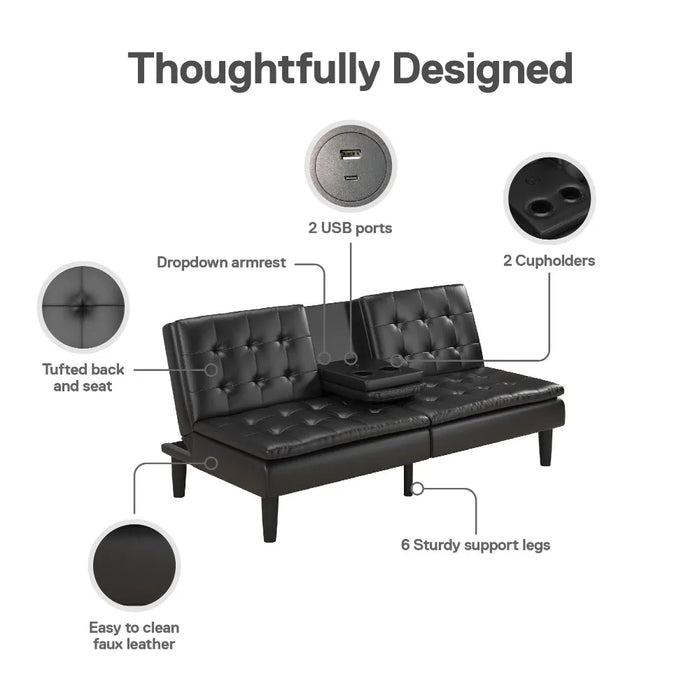 2024 New Memory Foam Futon Modern Sofa Couch with Cupholder and USB, Black Faux Leather