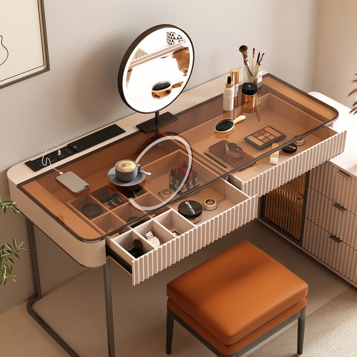 Italian Minimalist Computer Desk and Dressing Table Combo with Mirror, Luxurious and Expandable with Cabinets, Corner Bookshelf