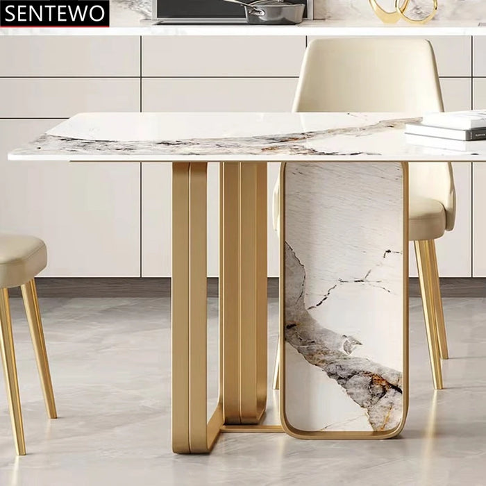 Luxury Rock Slab Dining Table 6 Chairs Set Metal Titanium Glaze Gold Frame Faux Marble Table Kitchen Furniture Eettafel Comedor