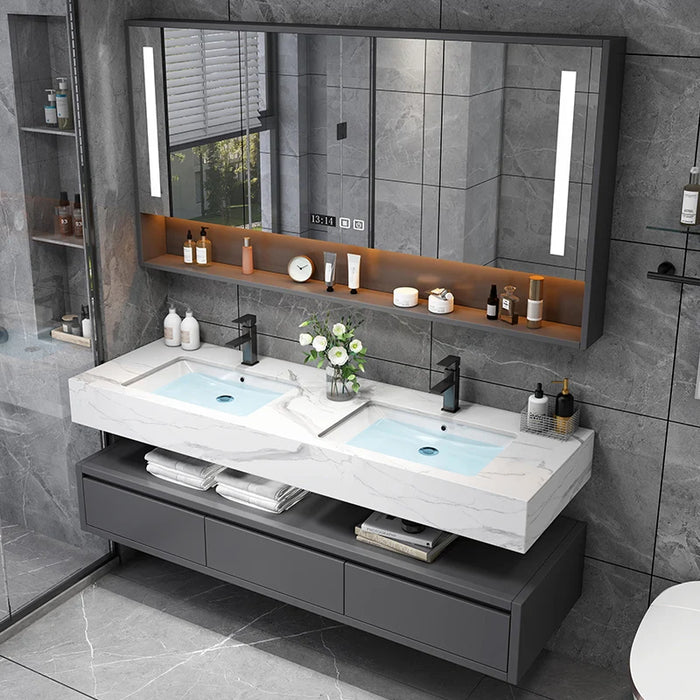 Light Luxury Bathroom Artificial Rock Panel Smart Solid Wood Bathroom Cabinet Set Bathroom Double Basin Bathroom Sink Cabinet