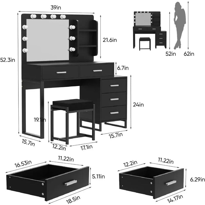 Dresser, with Mirror and 10 LED Lights, with 2 Drawers and Chairs, with 3 Mirrors and Stools, with Gold Metal Frame, Dresser