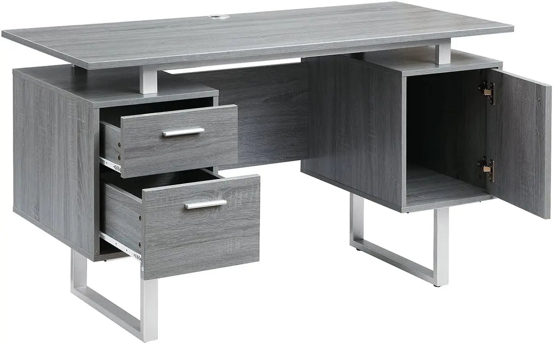 Modern Office Desk with Storage, Wide Home Office Computer Desk with Storage Cabinet and Hanging File Cabinet, Gray