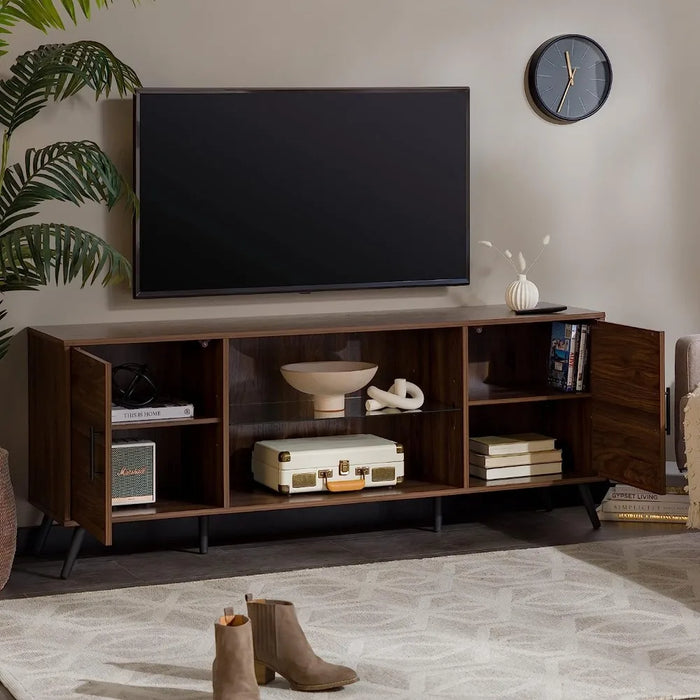 TV cabinet, modern glass frame TV stand, suitable for 65 inch walnut TV storage cabinet