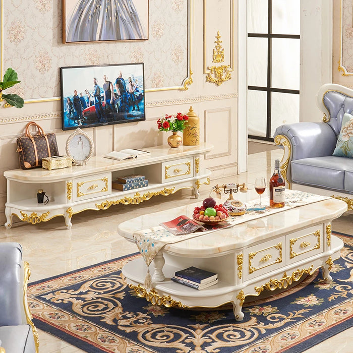 Solid Wood TV Cabinet  European Style Oval Marble Coffee Table  Floor Storage Locker Living Room Furniture