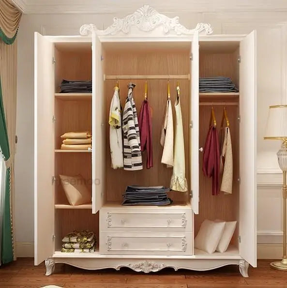 Light Luxury European Size Solid Wood Wardrobe Bedroom Hanging Stack Clothes Storage Closet Practical Home Furniture