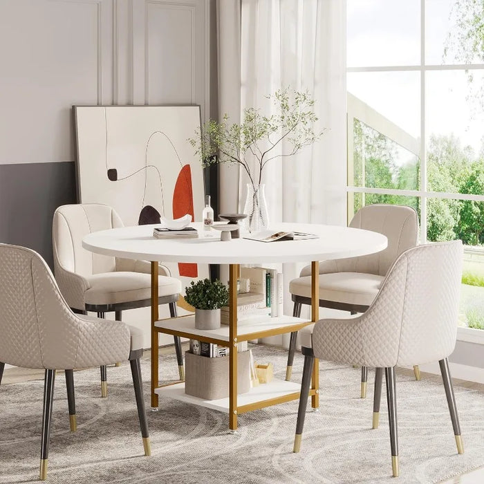 Tribesigns 47 Inches Round Dining Table for 4 People, Golden Kitchen Tables Dinner Table with 2-Tier Storage Shelves