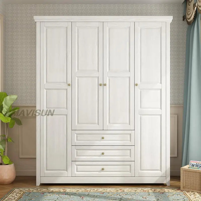 American Solid Wood Simple Bedroom Cupboard Cloakroom White Wardrobe Four-Door Large Closet Storage Cabinet Modular Shelves