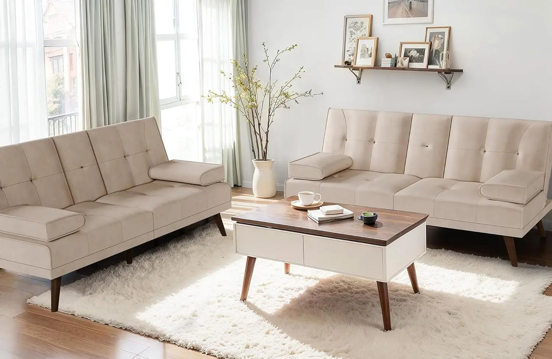 Futon Couch Sofa Bed Convertible Small Loveseat Sleeper with Cup Holder, Wood Legs, Removable Armrests - Multiple Colors