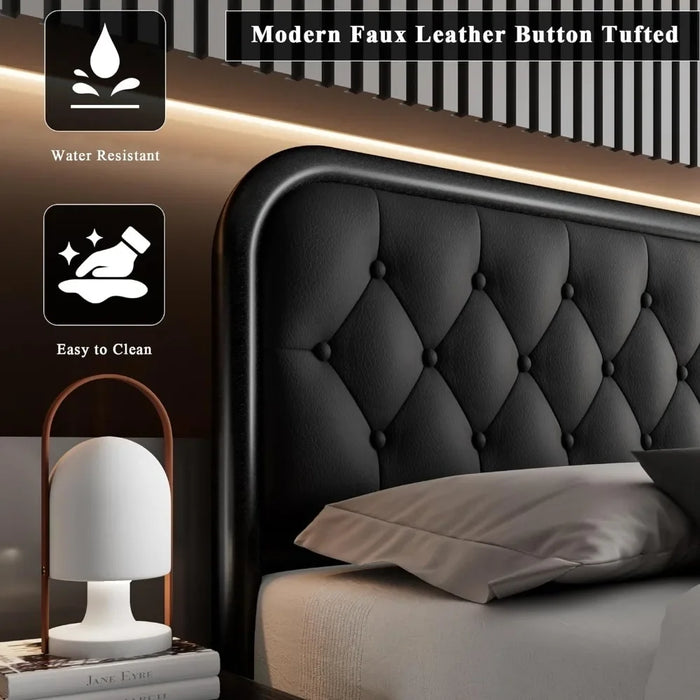 Bed frame Heavy-duty bed frame with faux leather headboard Bedroom furniture 12" under-bed storage Black platform bed