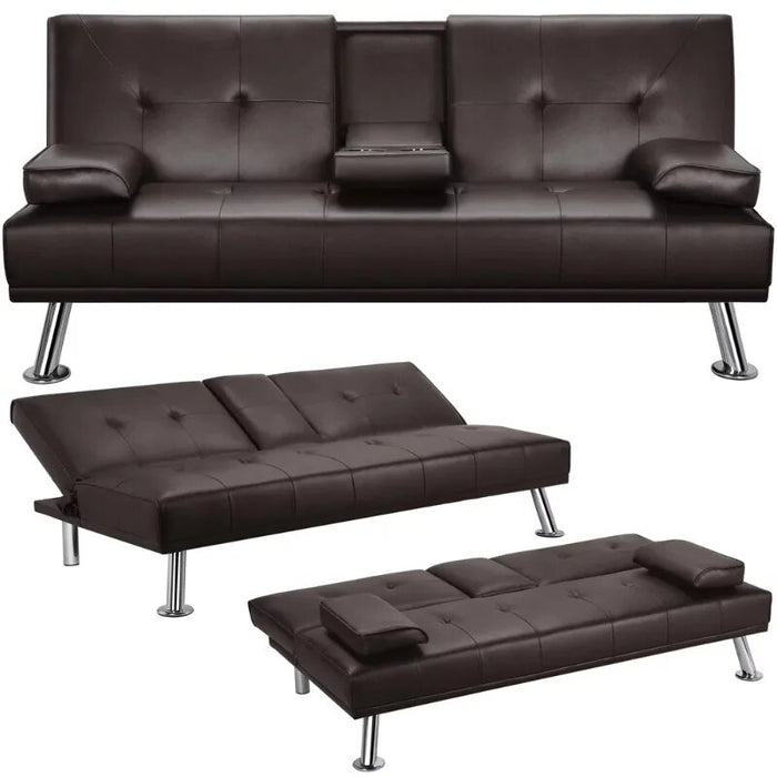 LuxuryGoods Modern Faux Leather Futon with Cupholders and Pillows, Espresso furniture living room