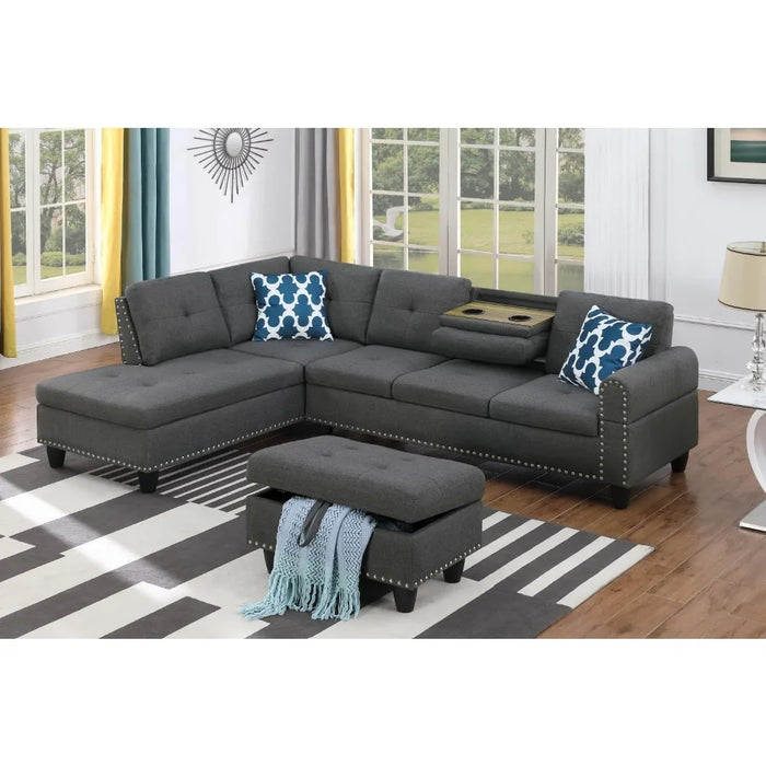 3 piece modular sofa set,L shaped 5 seater corner sofa upholstered sofa and sofa,With 2 cup holders and storage footrest
