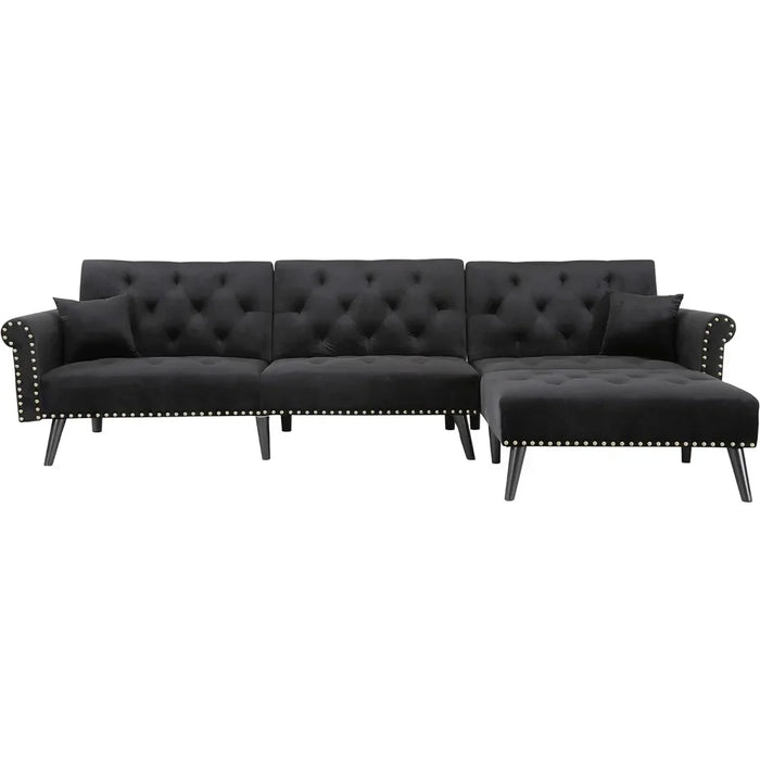 Velvet Convertible Sleeper Puffs Sofa Living Room Sofas Button Tufted Sectional Futon Sofa Bed Black Air Single Modern Furniture