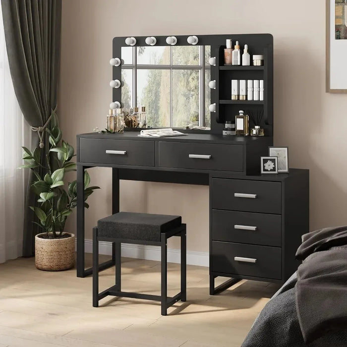 Dresser, with Mirror and 10 LED Lights, with 2 Drawers and Chairs, with 3 Mirrors and Stools, with Gold Metal Frame, Dresser