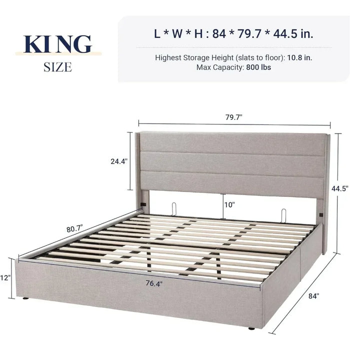 Bed frame large lift storage bed, no springs required, easy assembly, hydraulic storage, modern wing back headboard