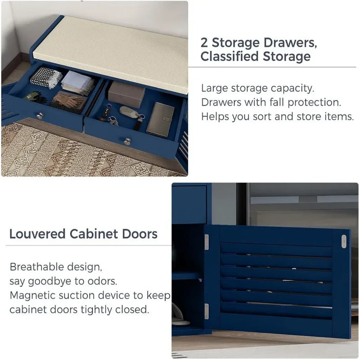 WARMHONIU Shoe Storage Bench with 2 Drawers & 2 Door Cabinet Entryway Bench with Shoe Storage Shoe Bench with Cushion