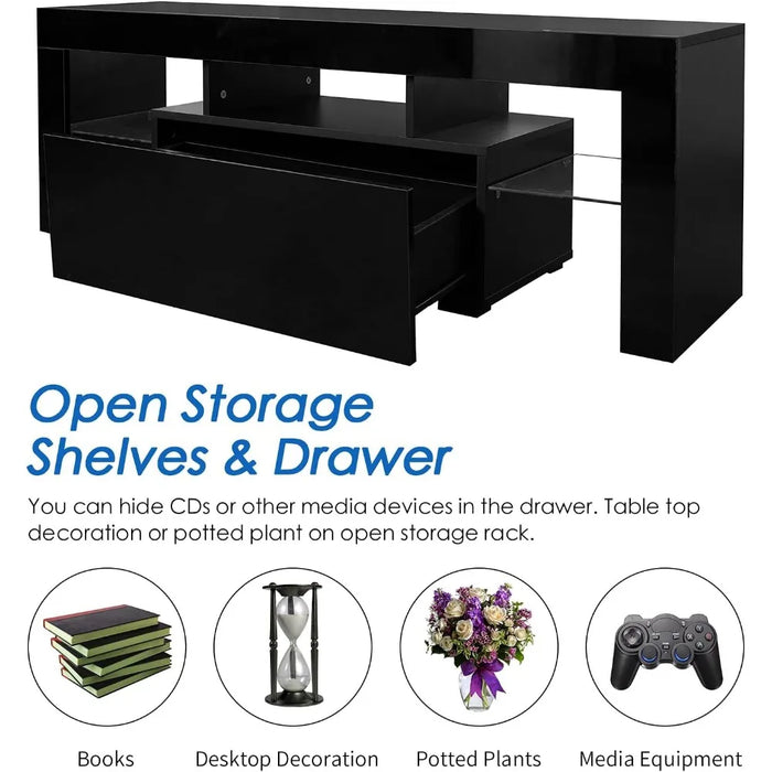 TV cabinet with LED lights and drawers, modern high gloss TV cabinet with 2 glass open shelves, living room TV cabinet
