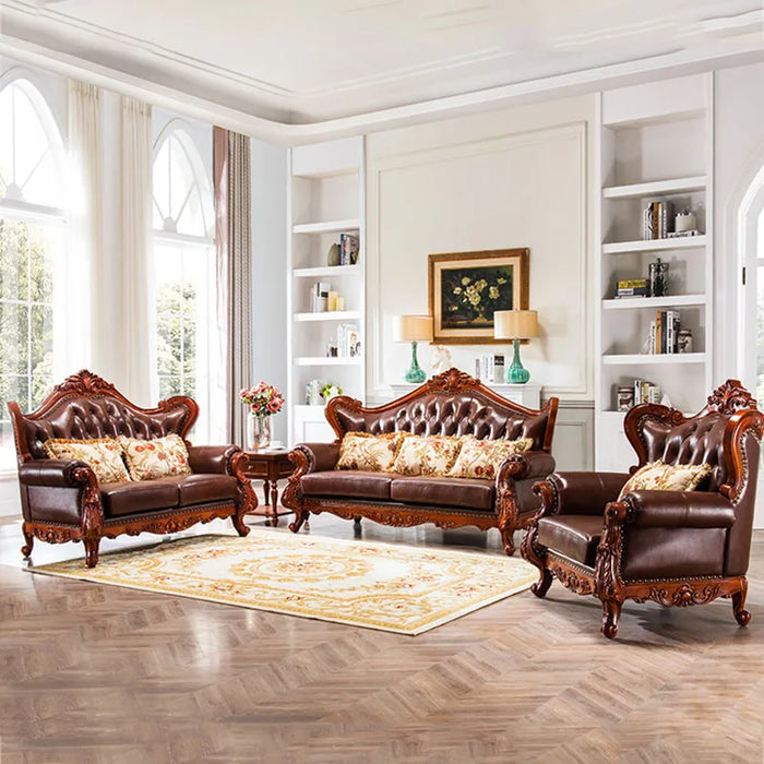 American Leather Art Carved Sofa European-style Solid Wood Combination Furniture Large ApartmentvLiving Room Home Furniture
