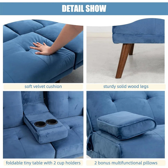 60" Small Loveseat, 3 in 1 Cute Convertible Sofa Bed, Modern Futon Recliner Sleeper w/2 Cup Holder, Blue