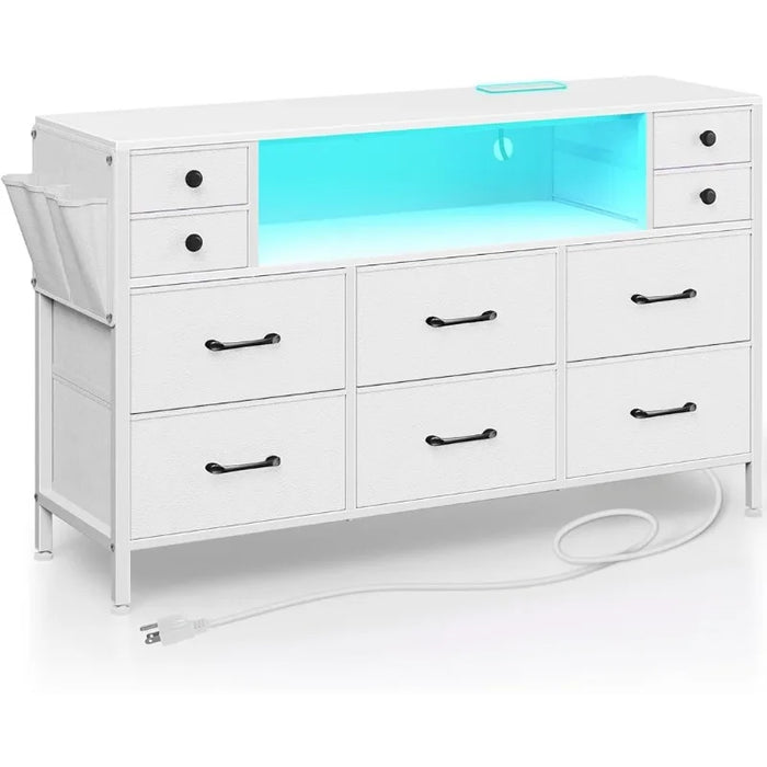 Dresser with Power Outlets and LED Lights, 10 Drawers Dresser with Side Pocket, Fabric Chest of Drawers with PU Finish