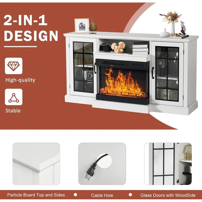 59'' Fireplace TV Stand,3-Sided Glass Media Entertainment Center Console Table for TVs up to 65'' with Glass Door Closed Storage