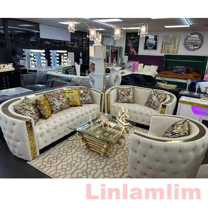 Linlamlim Italian Genuine Leather Sectional Couch Chesterfield Living Room Sofa Sets with Leather Buttons, Stainless Steel Trims