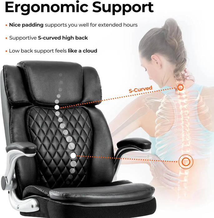 High Back Office Chair with Adjustable Arms, PU Leather Computer Executive Chairs Big Tall Swivel Ergonomic Adjustabl